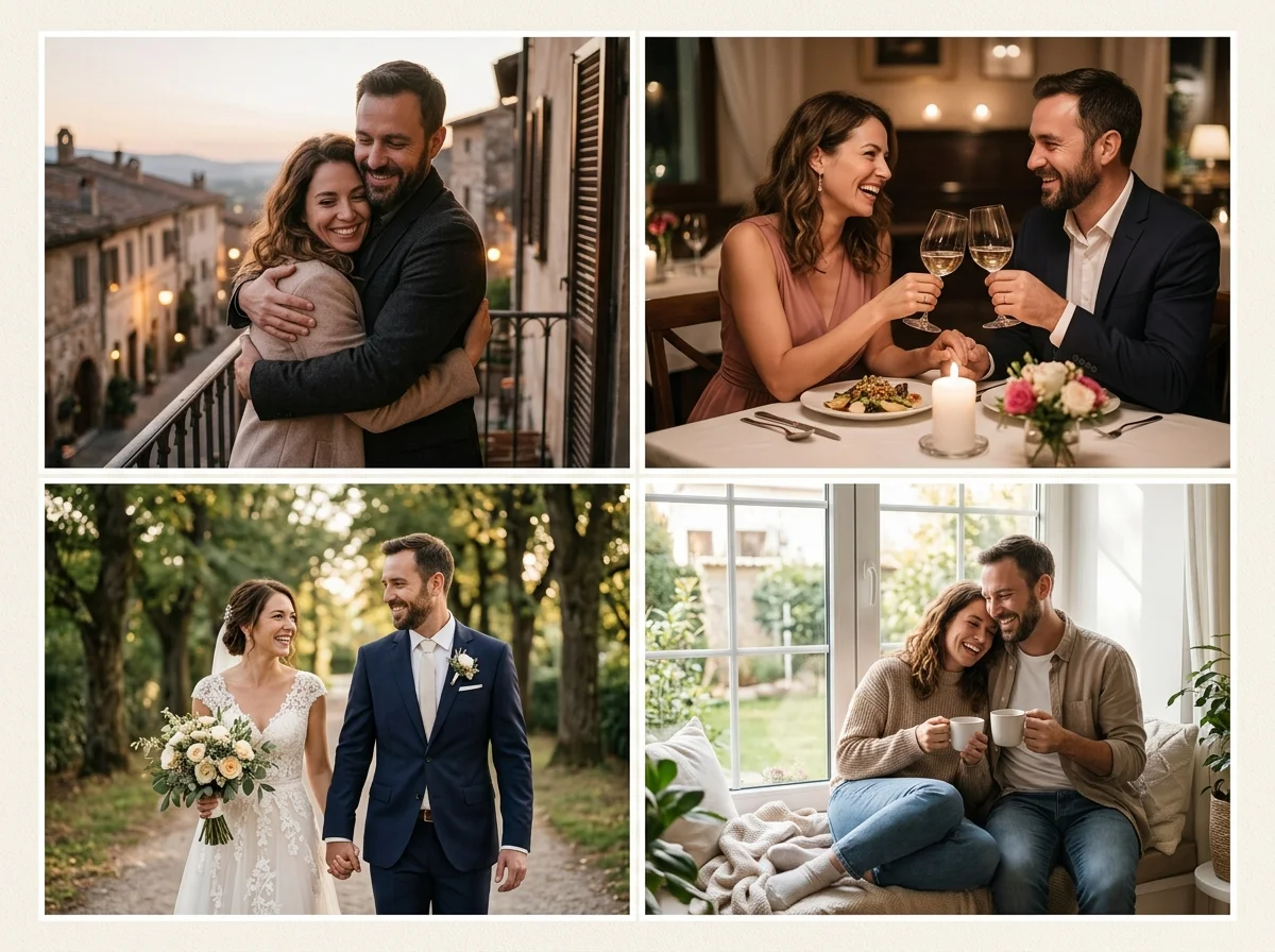 Romantic couple photo styles: hug, anniversary dinner, wedding, and lifestyle