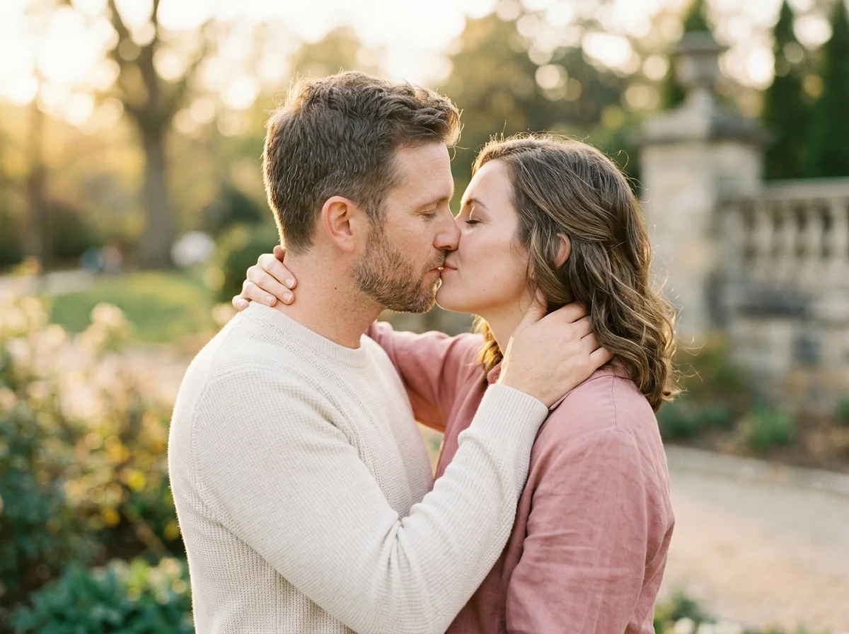 Romantic adult couple sharing a soft natural kiss in warm golden light